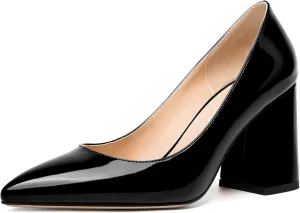 NUMALEO Womens Solid Pointed Toe Casual Dating Patent Slip On Block High Heel Pumps Shoes 3.3 Inch