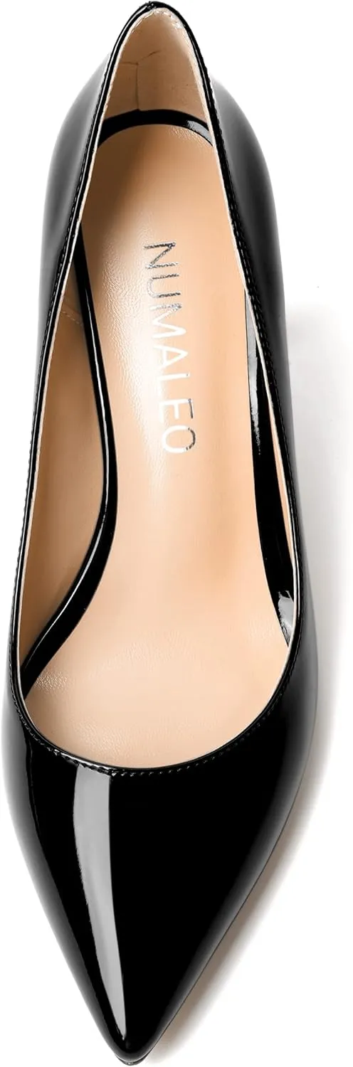 NUMALEO Womens Solid Pointed Toe Casual Dating Patent Slip On Block High Heel Pumps Shoes 3.3 Inch