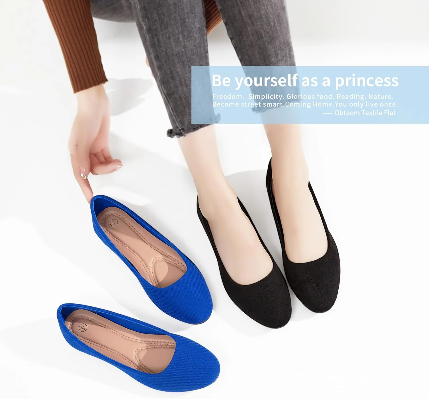 Obtaom Round Toe Women Flat Shoes Slip on Girls Dress Black Ballet Flats