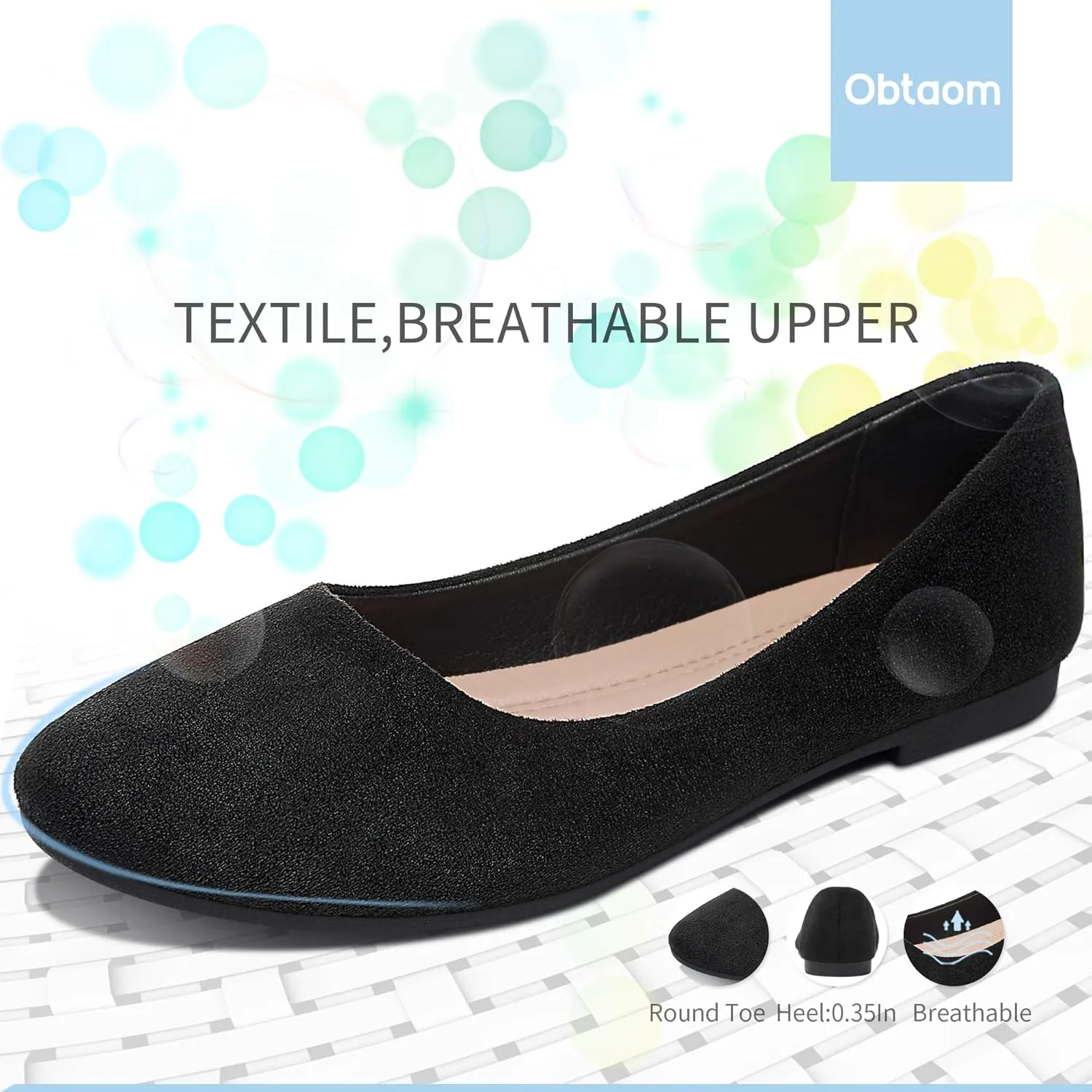 Obtaom Round Toe Women Flat Shoes Slip on Girls Dress Black Ballet Flats