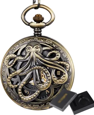 Octopus Mechanical Pocket Watch Steamhand-Wind Flip Clock Watch with Cfor Men Women Collection/B