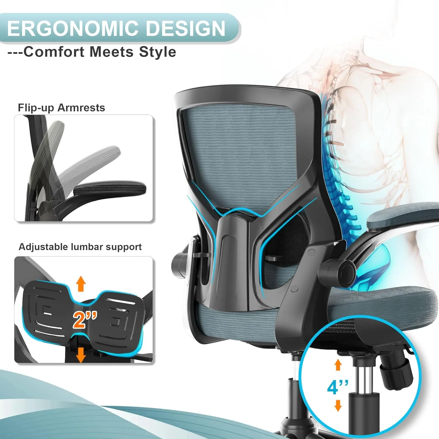 Office Chair, High Back Desk Chair Adjustable Height and Ergonomic Design Home Office Computer Chair Executive Lumbar Support Padded Flip-up Armrest Swivel Task Chair