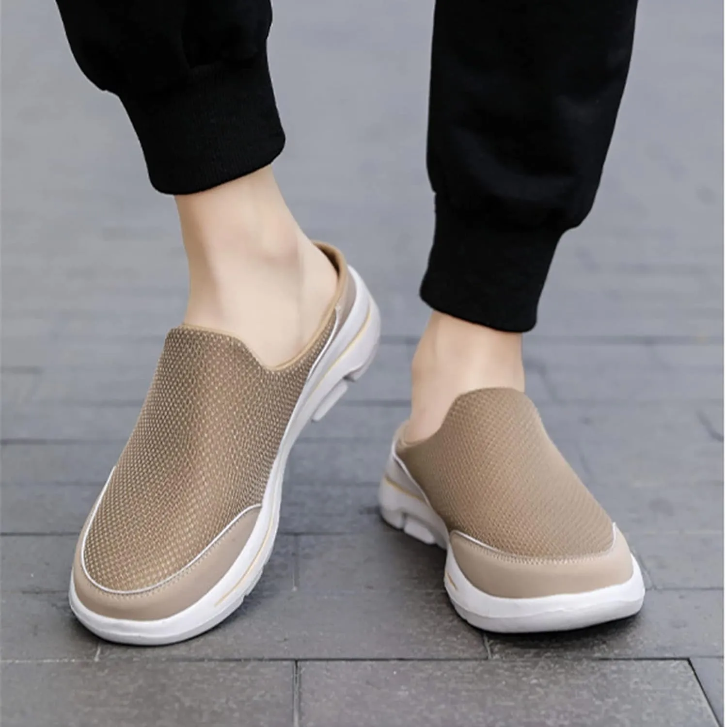 ORNVEION Men'S Mesh Knit Slip-On Platform Mules with Arch Support,Fashion Backless Soft Lightweight Half Sports Shoes Breathable Non-Slip Walking Slippers