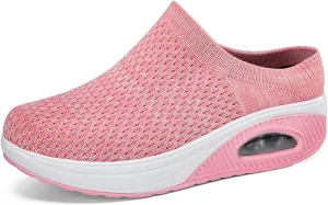 Orthopedic Mule Clogs for Women Stretch Knitted Platform Closed Round Toe Comfortable Breathable Air Cushion Walking Sliipers Open Back Wedge Heel Casual Mules Sneaker with Arch Support