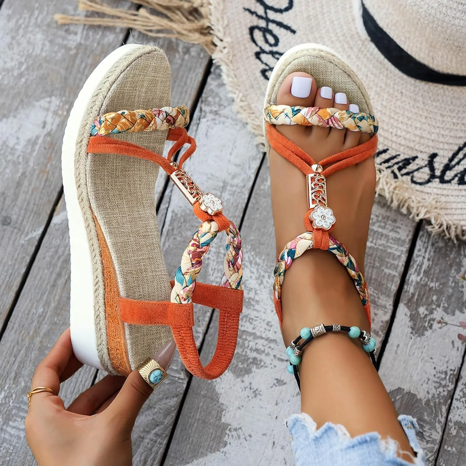 Orthopedic Wedge Sandals for Women Summer Womens Low Wedges Wide Width Beach Platform Sandals Bohemian Woven Sandal