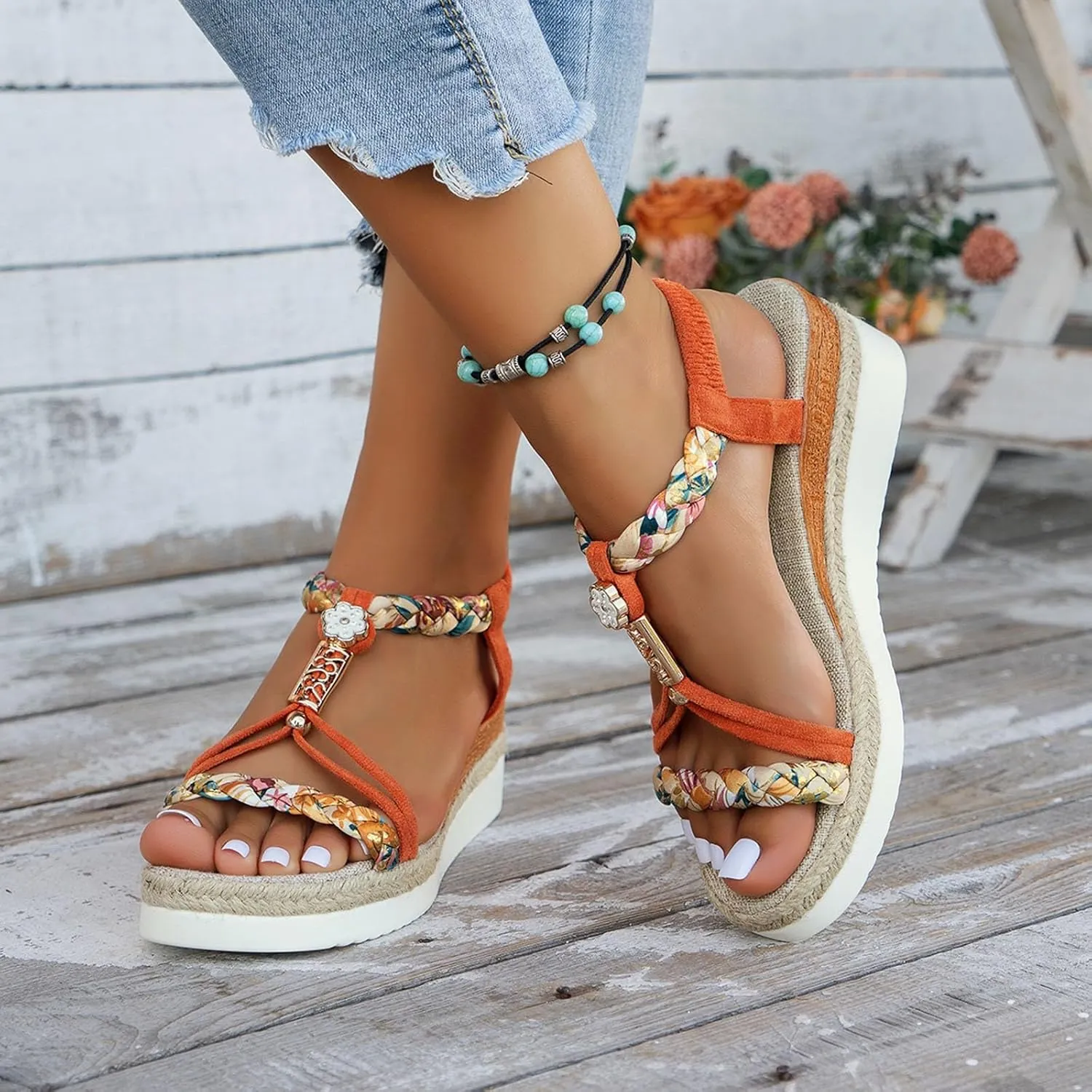 Orthopedic Wedge Sandals for Women Summer Womens Low Wedges Wide Width Beach Platform Sandals Bohemian Woven Sandal