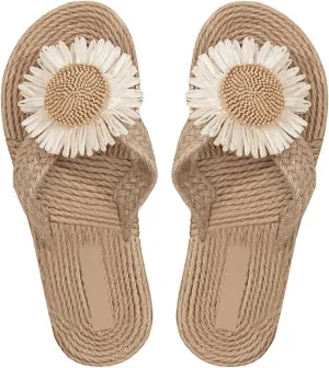 OYOANGLE Women's Floral Decor Open Toe Linen Flip Flops Slipper Summer Vacation Slip on Slide Sandal
