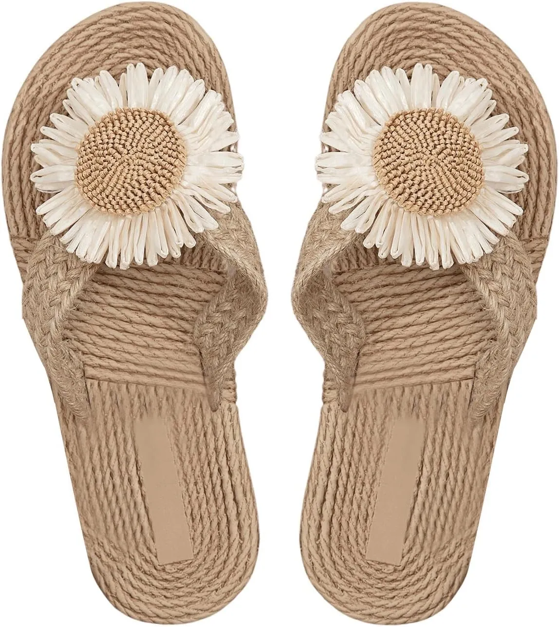 OYOANGLE Women's Floral Decor Open Toe Linen Flip Flops Slipper Summer Vacation Slip on Slide Sandal