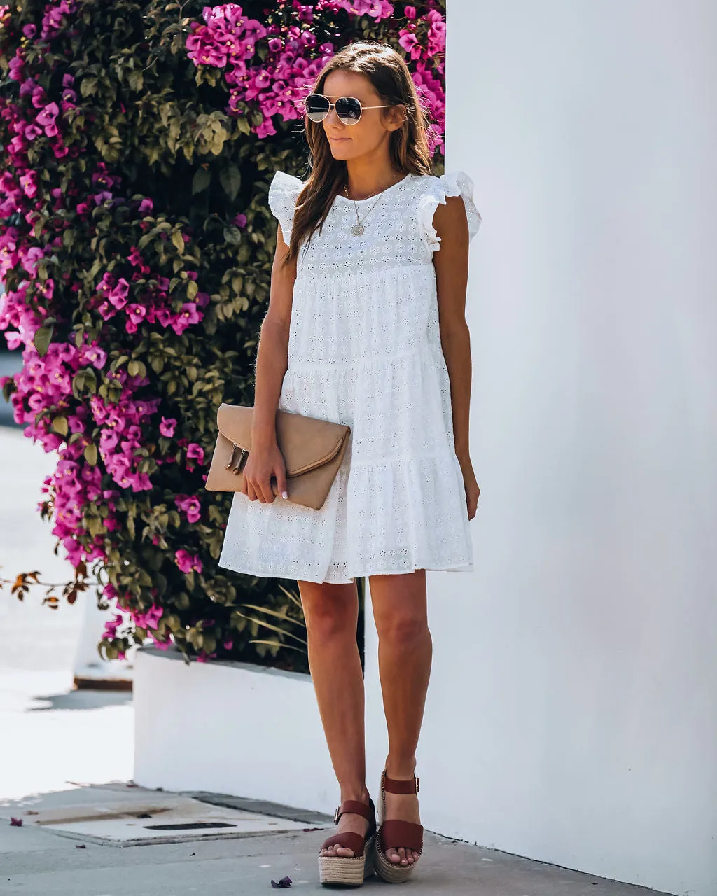 Pam Cotton Pocketed Tiered Eyelet Dress - White