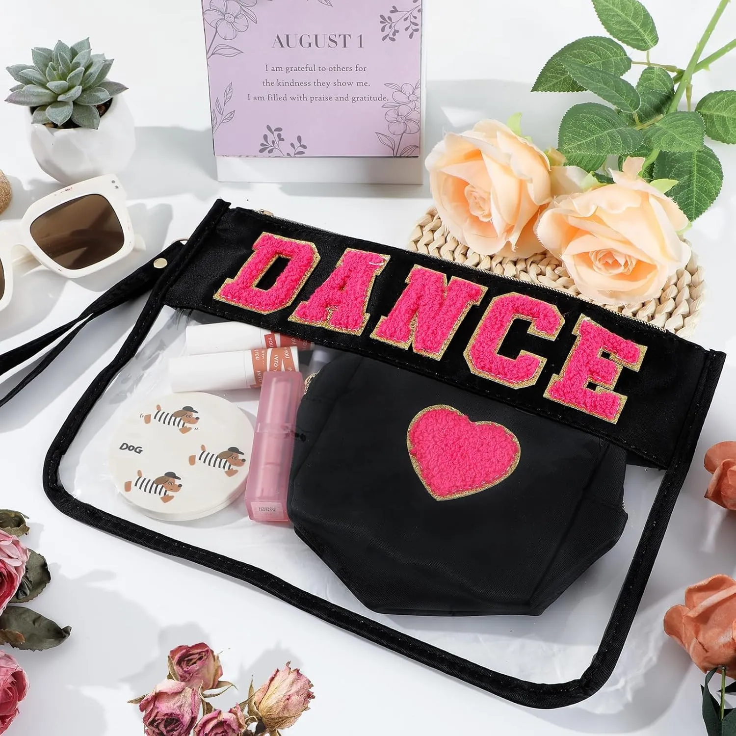 party greeting 2Pcs Dance Recital Gifts Chenille Makeup Bags Portable Travel Cosmetic Bag with Zipper Preppy Patch Letter Bag Waterproof Storage Purse Flat Clear Pouch PVC Organizer for Women