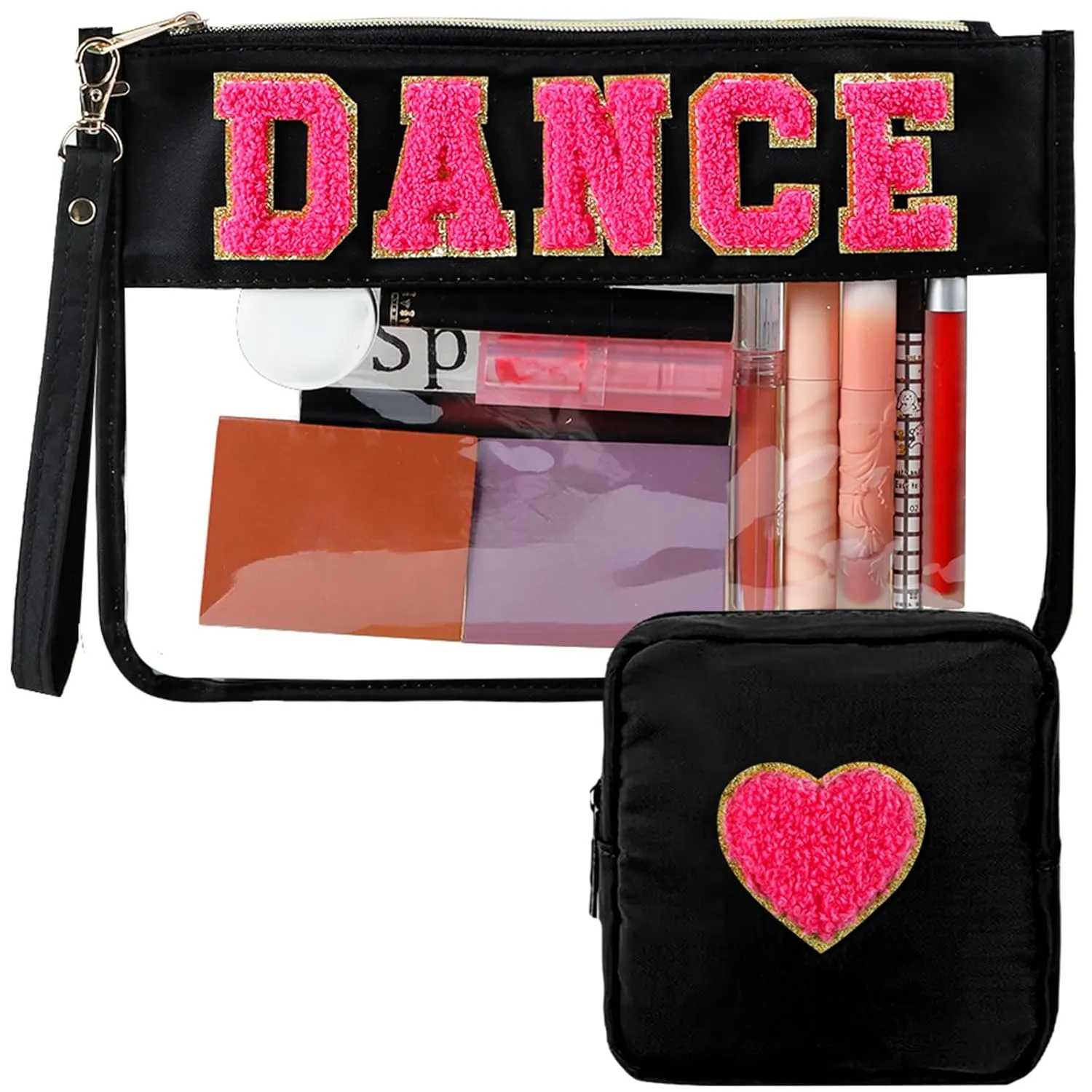 party greeting 2Pcs Dance Recital Gifts Chenille Makeup Bags Portable Travel Cosmetic Bag with Zipper Preppy Patch Letter Bag Waterproof Storage Purse Flat Clear Pouch PVC Organizer for Women