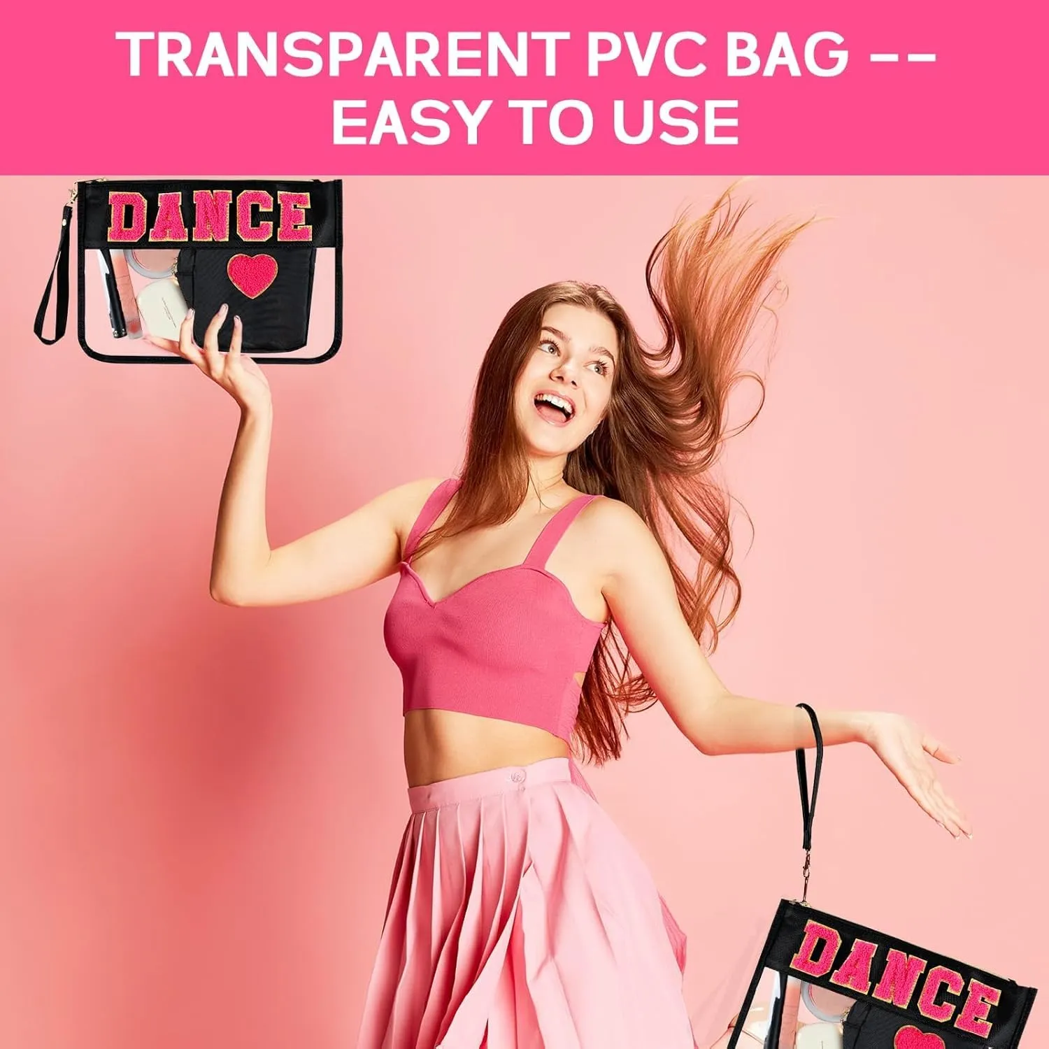 party greeting 2Pcs Dance Recital Gifts Chenille Makeup Bags Portable Travel Cosmetic Bag with Zipper Preppy Patch Letter Bag Waterproof Storage Purse Flat Clear Pouch PVC Organizer for Women
