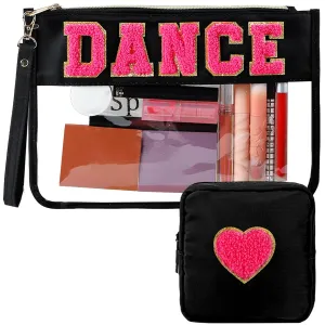 party greeting 2Pcs Dance Recital Gifts Chenille Makeup Bags Portable Travel Cosmetic Bag with Zipper Preppy Patch Letter Bag Waterproof Storage Purse Flat Clear Pouch PVC Organizer for Women