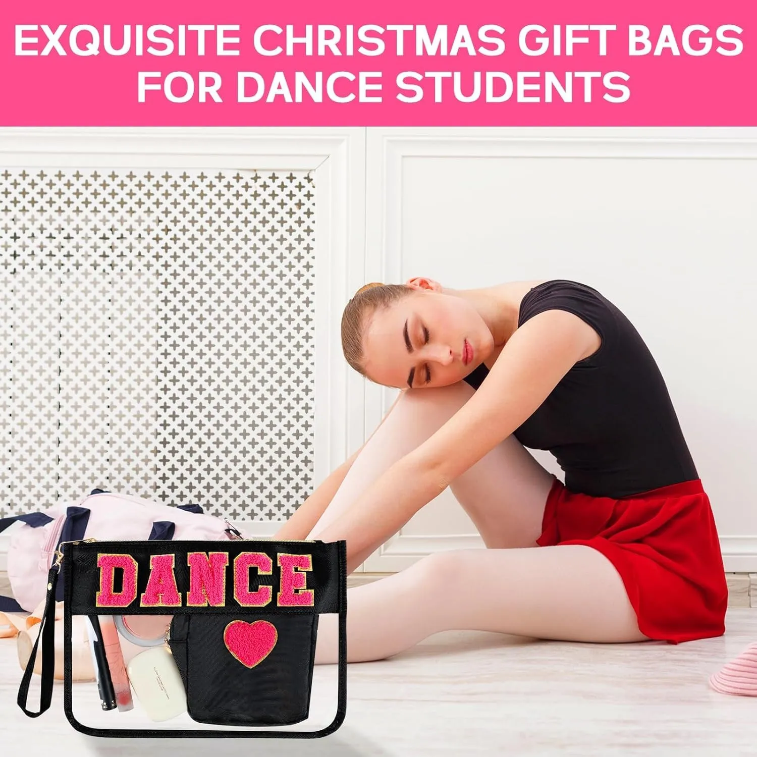 party greeting 2Pcs Dance Recital Gifts Chenille Makeup Bags Portable Travel Cosmetic Bag with Zipper Preppy Patch Letter Bag Waterproof Storage Purse Flat Clear Pouch PVC Organizer for Women