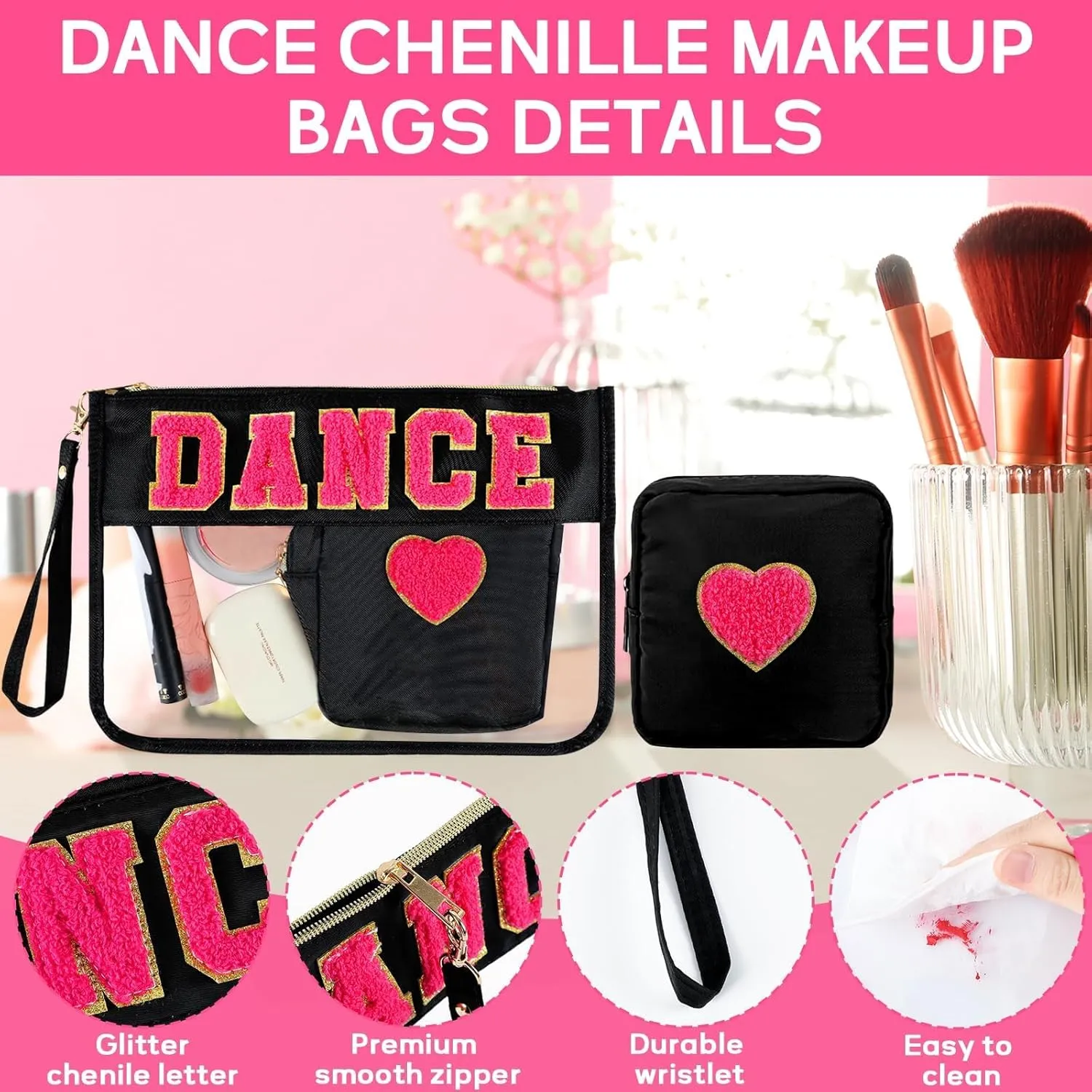 party greeting 2Pcs Dance Recital Gifts Chenille Makeup Bags Portable Travel Cosmetic Bag with Zipper Preppy Patch Letter Bag Waterproof Storage Purse Flat Clear Pouch PVC Organizer for Women