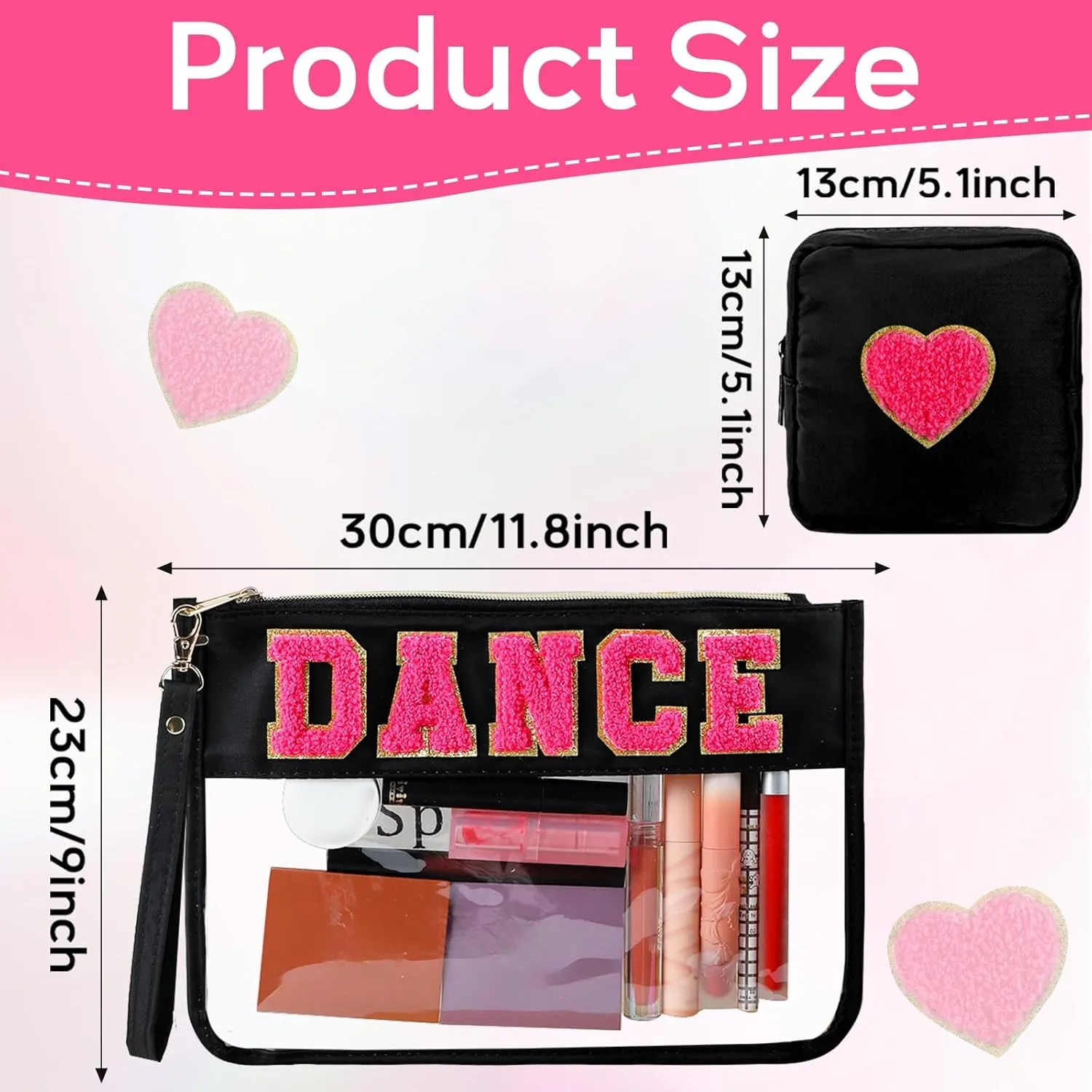 party greeting 2Pcs Dance Recital Gifts Chenille Makeup Bags Portable Travel Cosmetic Bag with Zipper Preppy Patch Letter Bag Waterproof Storage Purse Flat Clear Pouch PVC Organizer for Women