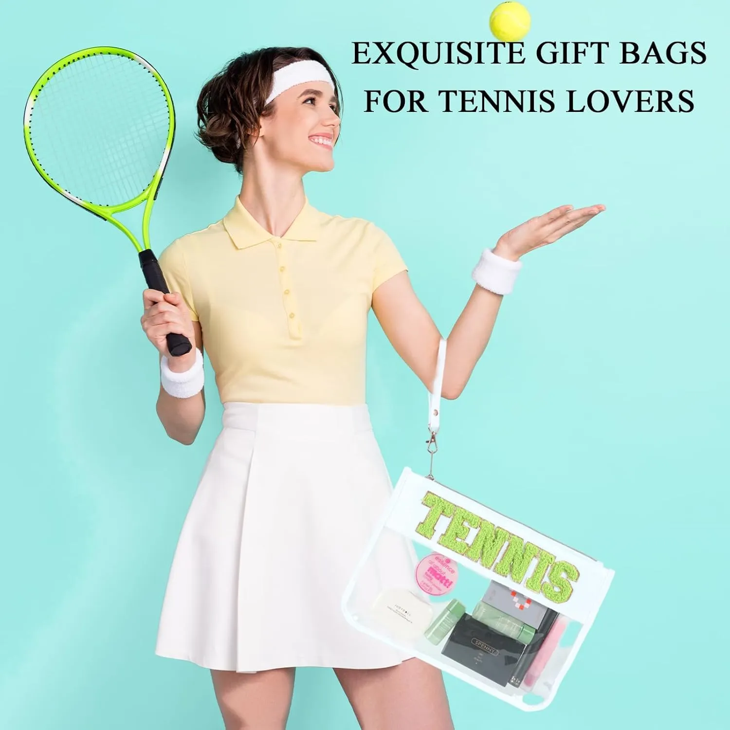 party greeting 2Pcs Tennis Gifts Tennis Chenille Makeup Bags Portable Travel Cosmetic Bag with Zipper Preppy Patch Letter Bag Waterproof Storage Purse Flat Clear PVC Organizer for Women