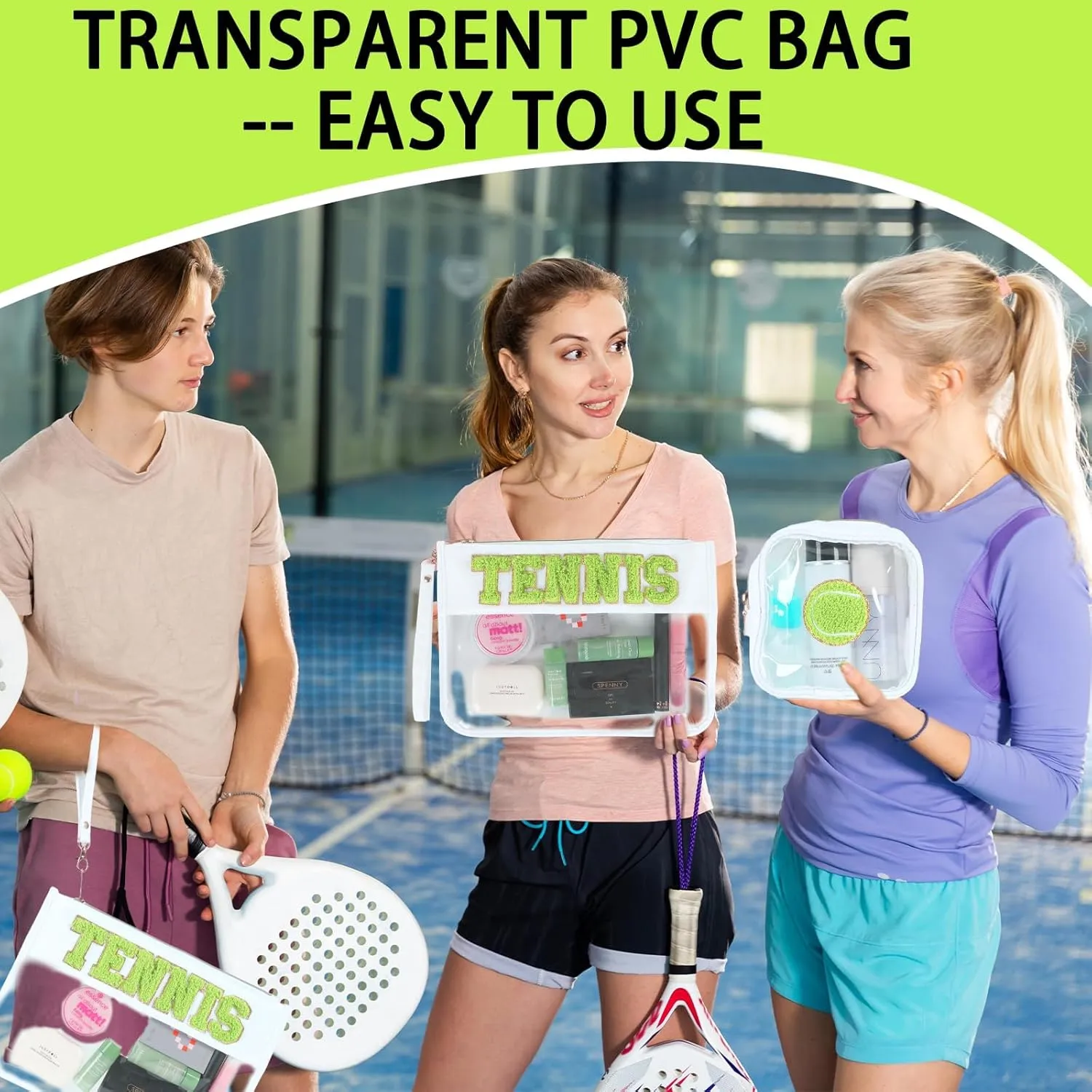 party greeting 2Pcs Tennis Gifts Tennis Chenille Makeup Bags Portable Travel Cosmetic Bag with Zipper Preppy Patch Letter Bag Waterproof Storage Purse Flat Clear PVC Organizer for Women