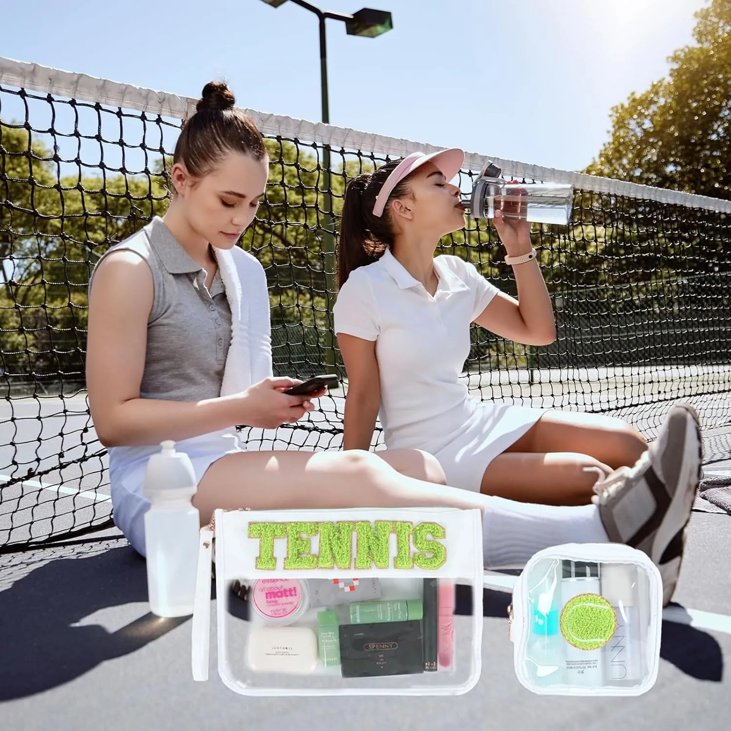 party greeting 2Pcs Tennis Gifts Tennis Chenille Makeup Bags Portable Travel Cosmetic Bag with Zipper Preppy Patch Letter Bag Waterproof Storage Purse Flat Clear PVC Organizer for Women