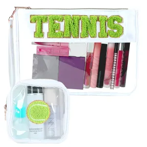 party greeting 2Pcs Tennis Gifts Tennis Chenille Makeup Bags Portable Travel Cosmetic Bag with Zipper Preppy Patch Letter Bag Waterproof Storage Purse Flat Clear PVC Organizer for Women