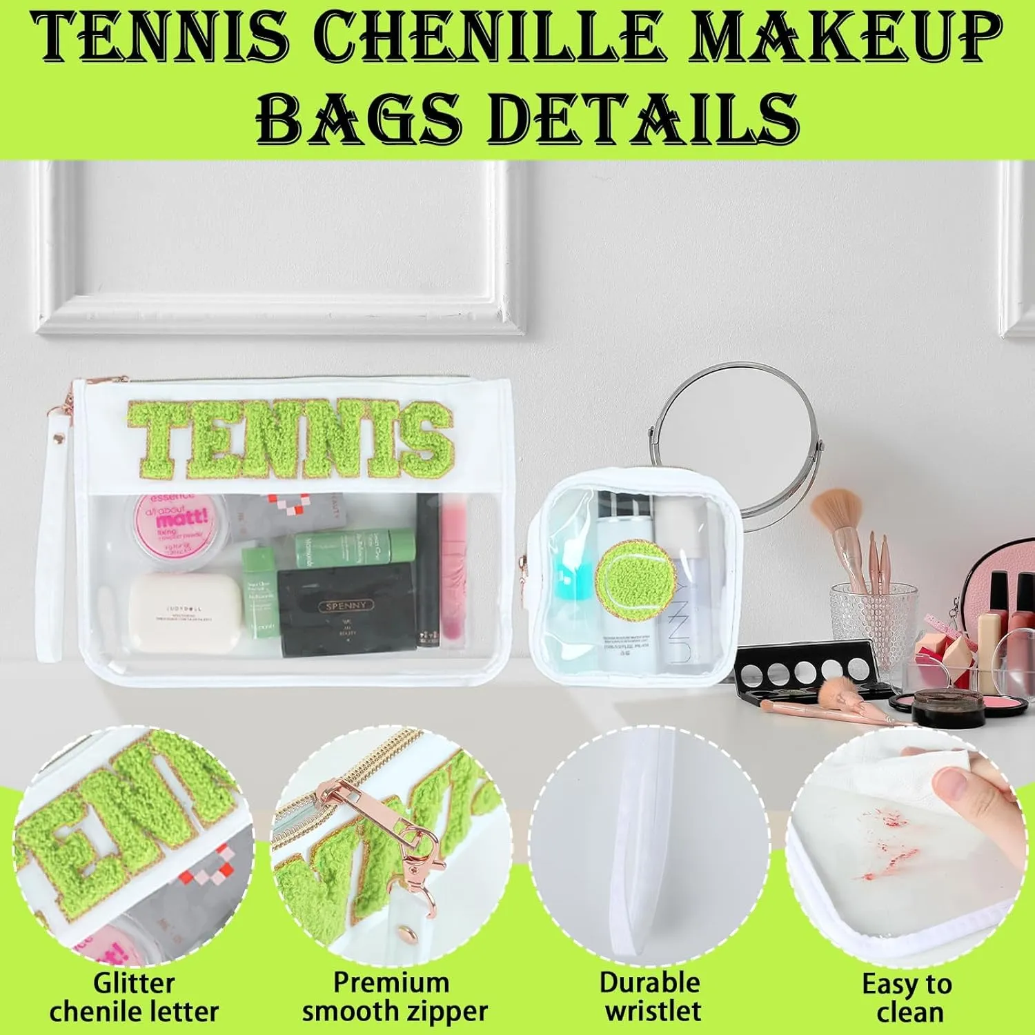 party greeting 2Pcs Tennis Gifts Tennis Chenille Makeup Bags Portable Travel Cosmetic Bag with Zipper Preppy Patch Letter Bag Waterproof Storage Purse Flat Clear PVC Organizer for Women