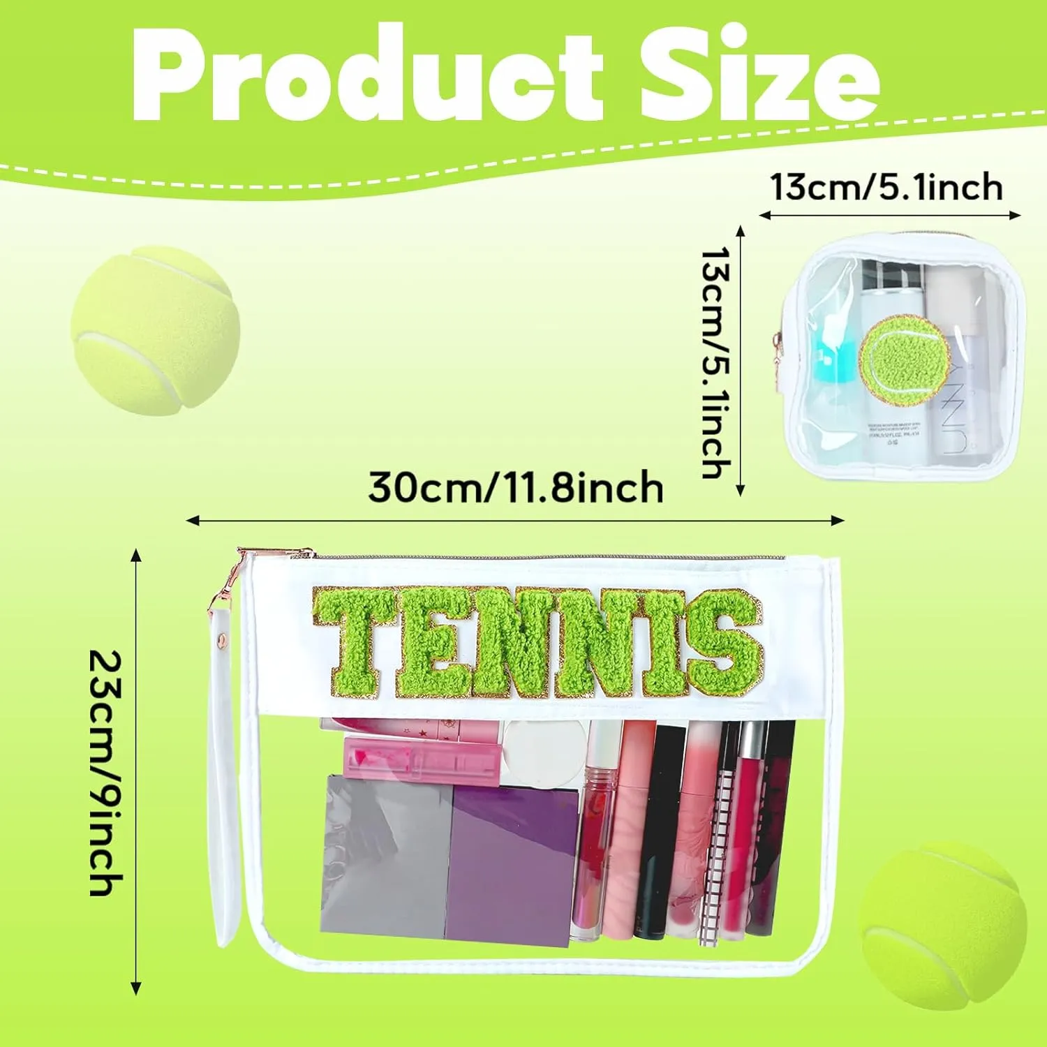 party greeting 2Pcs Tennis Gifts Tennis Chenille Makeup Bags Portable Travel Cosmetic Bag with Zipper Preppy Patch Letter Bag Waterproof Storage Purse Flat Clear PVC Organizer for Women