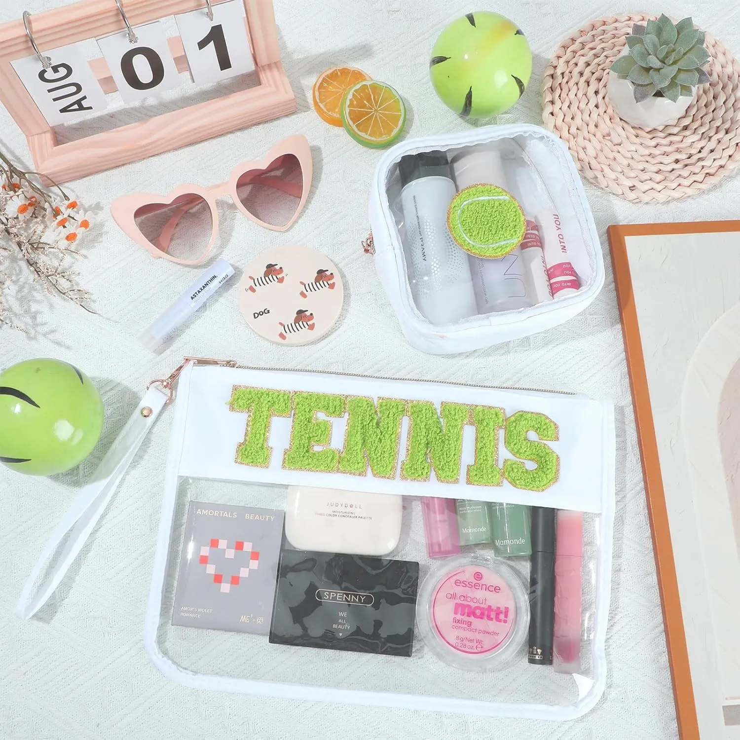 party greeting 2Pcs Tennis Gifts Tennis Chenille Makeup Bags Portable Travel Cosmetic Bag with Zipper Preppy Patch Letter Bag Waterproof Storage Purse Flat Clear PVC Organizer for Women