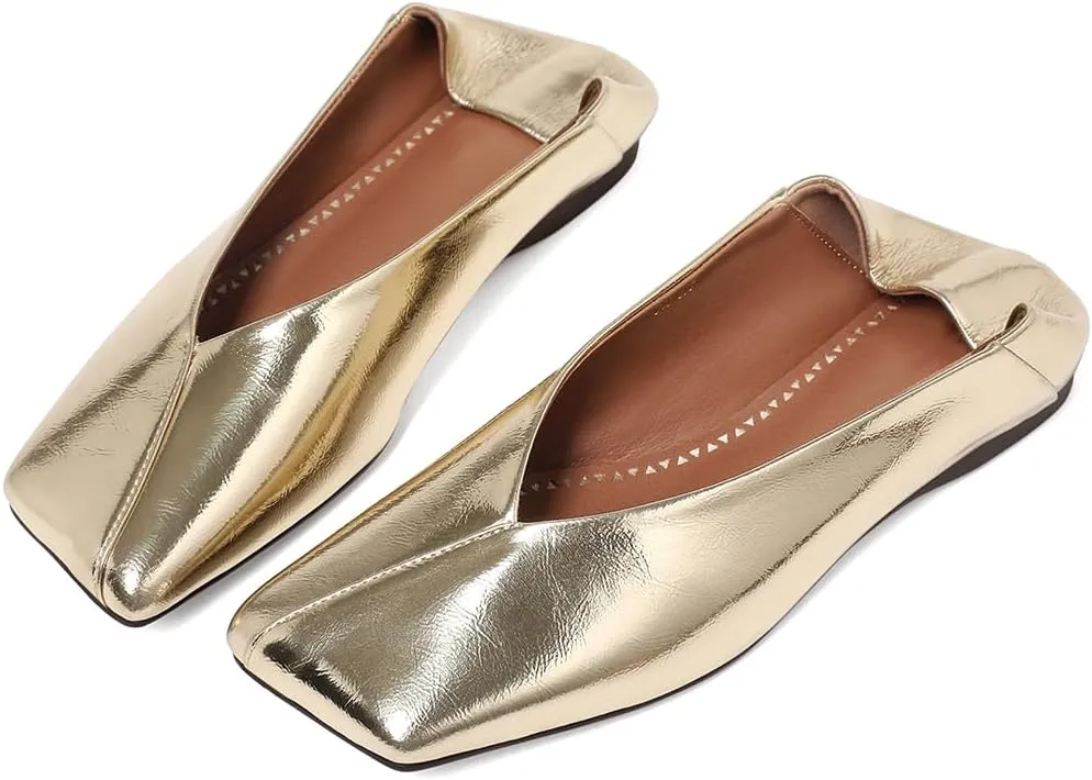 Patent Leather Ballet Flats for Women Fashionable Square Toe Ballet Flats Loafer Shoes for Women Nude Dress Shoes.