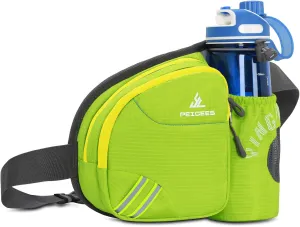 Peicees Waist Bag Fanny Pack with Water Bottle Holder for Men Women Hiking Running Dog Walking Fit All Phones (Bottle Not Included), Colorful Reflective Strip&Zipper-Green