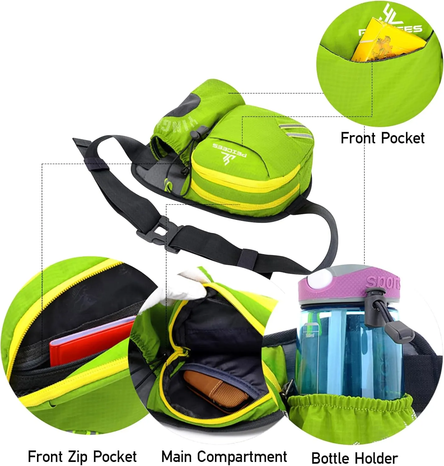 Peicees Waist Bag Fanny Pack with Water Bottle Holder for Men Women Hiking Running Dog Walking Fit All Phones (Bottle Not Included), Colorful Reflective Strip&Zipper-Green