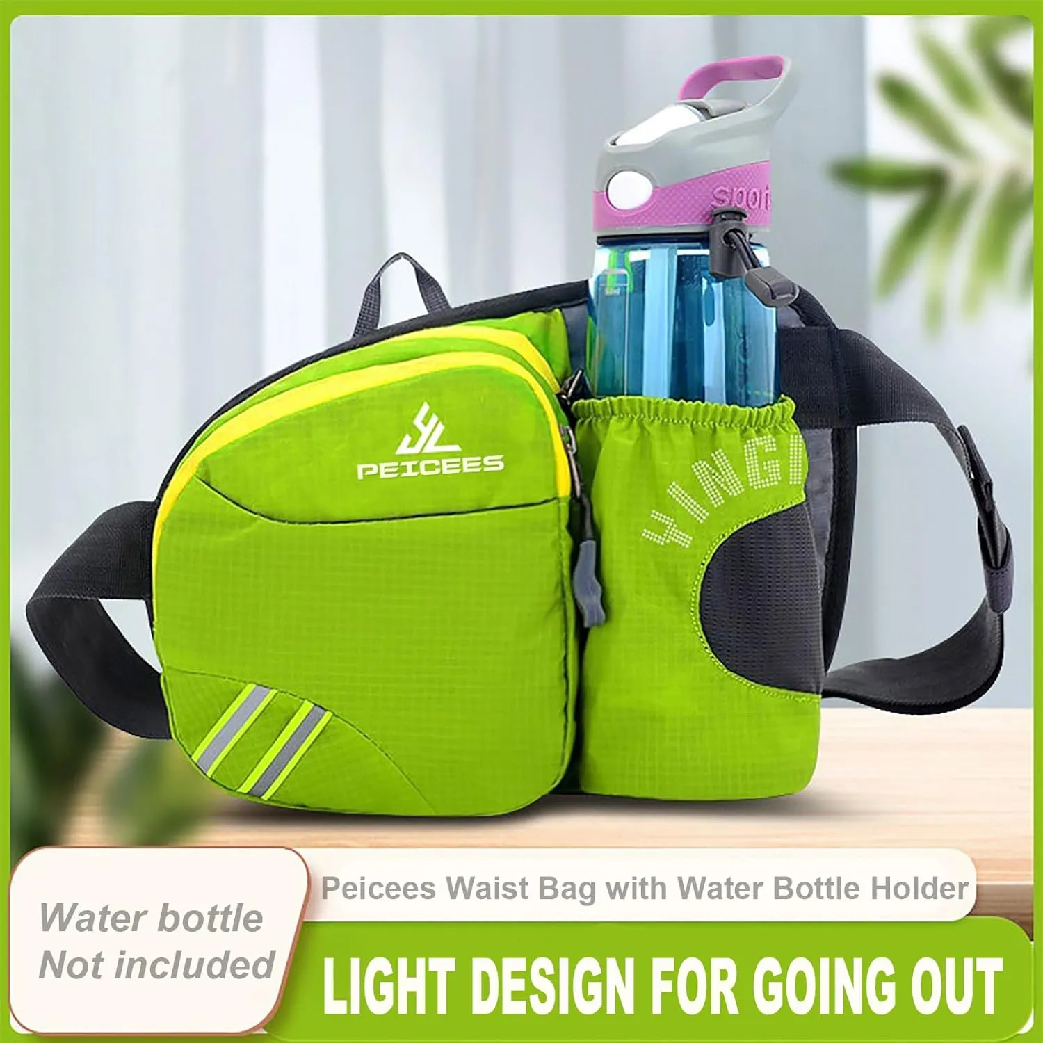 Peicees Waist Bag Fanny Pack with Water Bottle Holder for Men Women Hiking Running Dog Walking Fit All Phones (Bottle Not Included), Colorful Reflective Strip&Zipper-Green