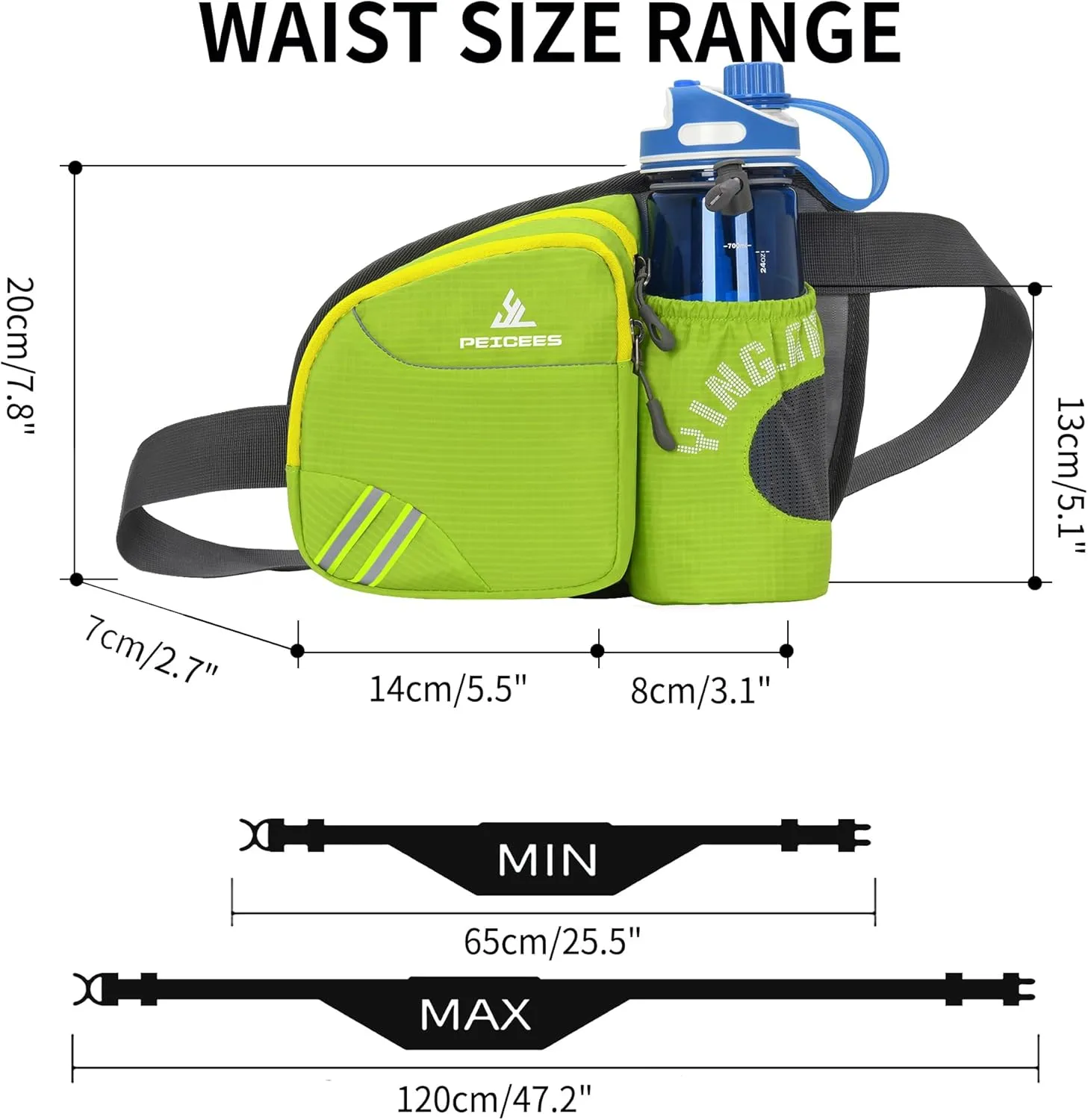 Peicees Waist Bag Fanny Pack with Water Bottle Holder for Men Women Hiking Running Dog Walking Fit All Phones (Bottle Not Included), Colorful Reflective Strip&Zipper-Green