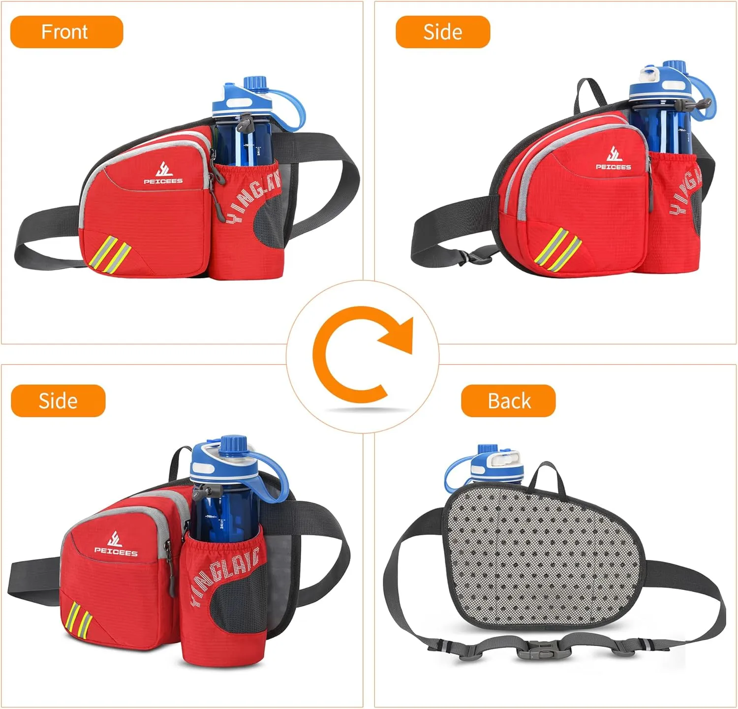 Peicees Waist Bag Fanny Pack with Water Bottle Holder for Men Women Hiking Running Dog Walking Fit All Phones (Bottle Not Included), Colorful Reflective Strip&Zipper-Red