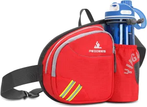 Peicees Waist Bag Fanny Pack with Water Bottle Holder for Men Women Hiking Running Dog Walking Fit All Phones (Bottle Not Included), Colorful Reflective Strip&Zipper-Red