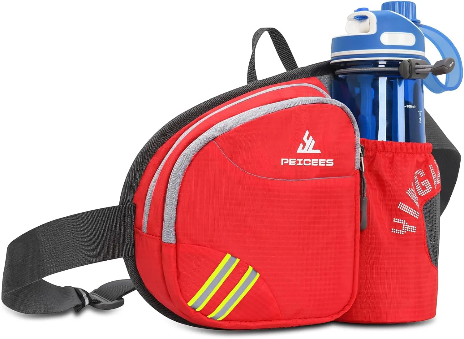 Peicees Waist Bag Fanny Pack with Water Bottle Holder for Men Women Hiking Running Dog Walking Fit All Phones (Bottle Not Included), Colorful Reflective Strip&Zipper-Red