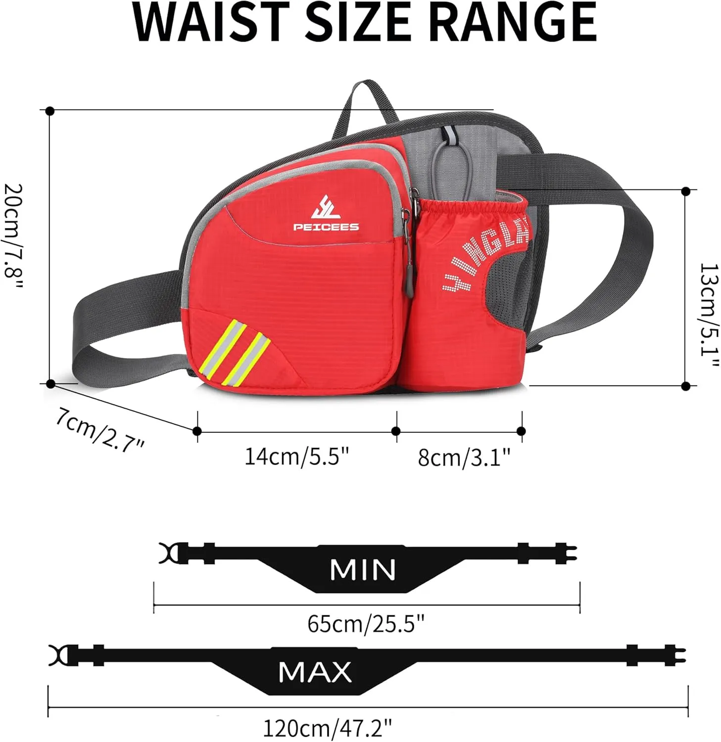 Peicees Waist Bag Fanny Pack with Water Bottle Holder for Men Women Hiking Running Dog Walking Fit All Phones (Bottle Not Included), Colorful Reflective Strip&Zipper-Red
