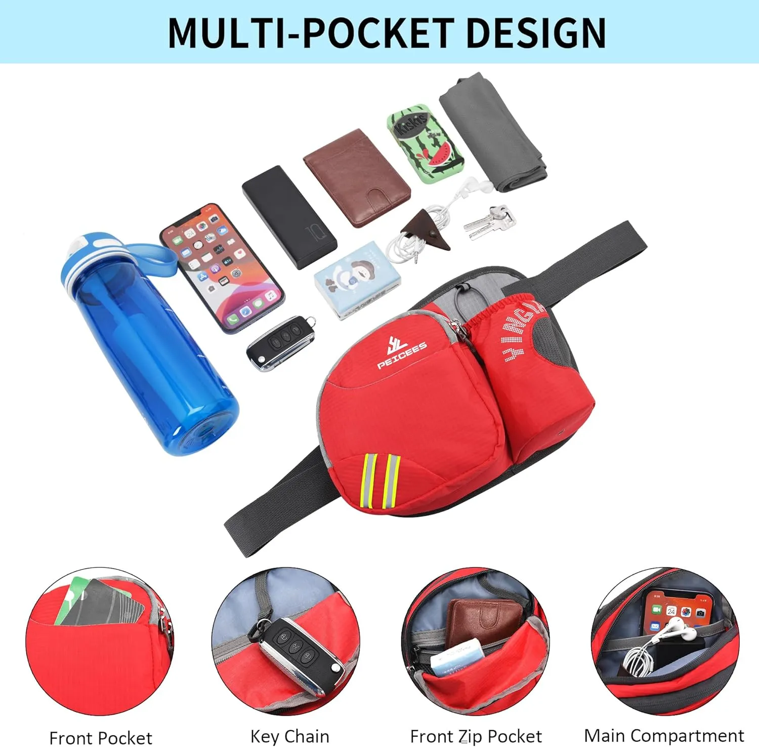 Peicees Waist Bag Fanny Pack with Water Bottle Holder for Men Women Hiking Running Dog Walking Fit All Phones (Bottle Not Included), Colorful Reflective Strip&Zipper-Red
