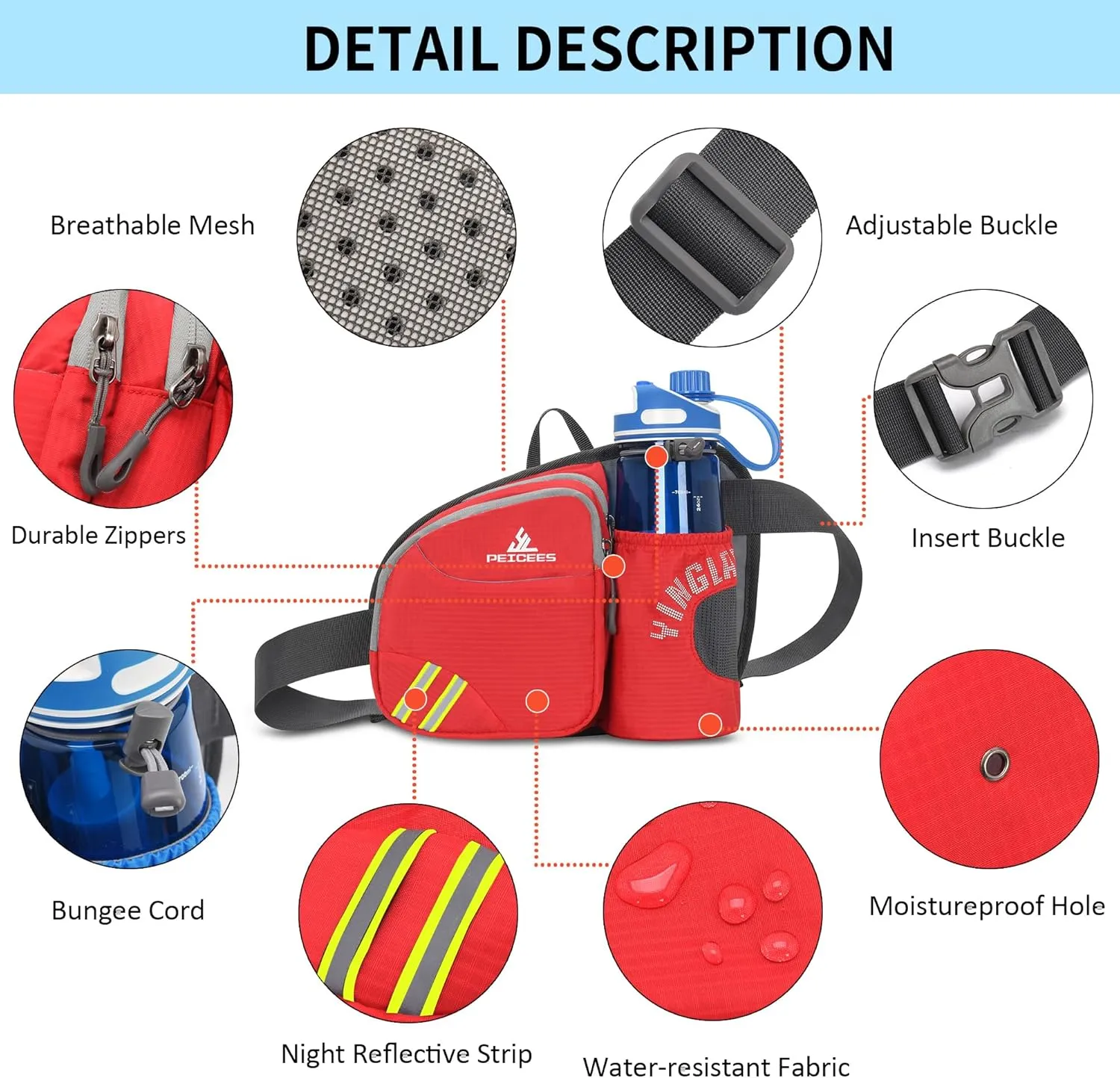 Peicees Waist Bag Fanny Pack with Water Bottle Holder for Men Women Hiking Running Dog Walking Fit All Phones (Bottle Not Included), Colorful Reflective Strip&Zipper-Red