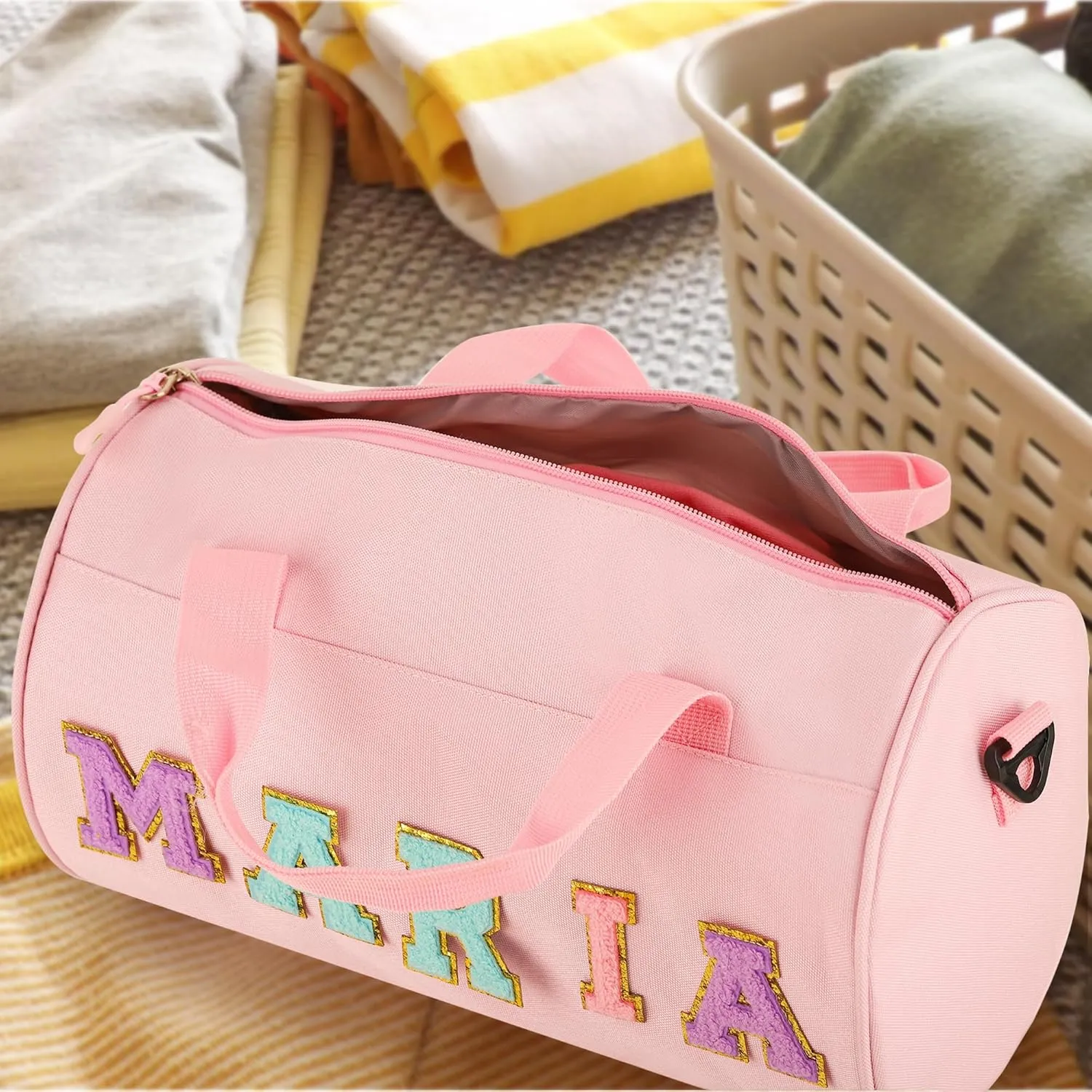 Personalized Dance Ballet Bag Girls, Kids Letter Patch Dance Bag, Sport Gym Bag,Travel Duffel Bag, Large Chenille Letter Weekender Overnight Bag (Black)