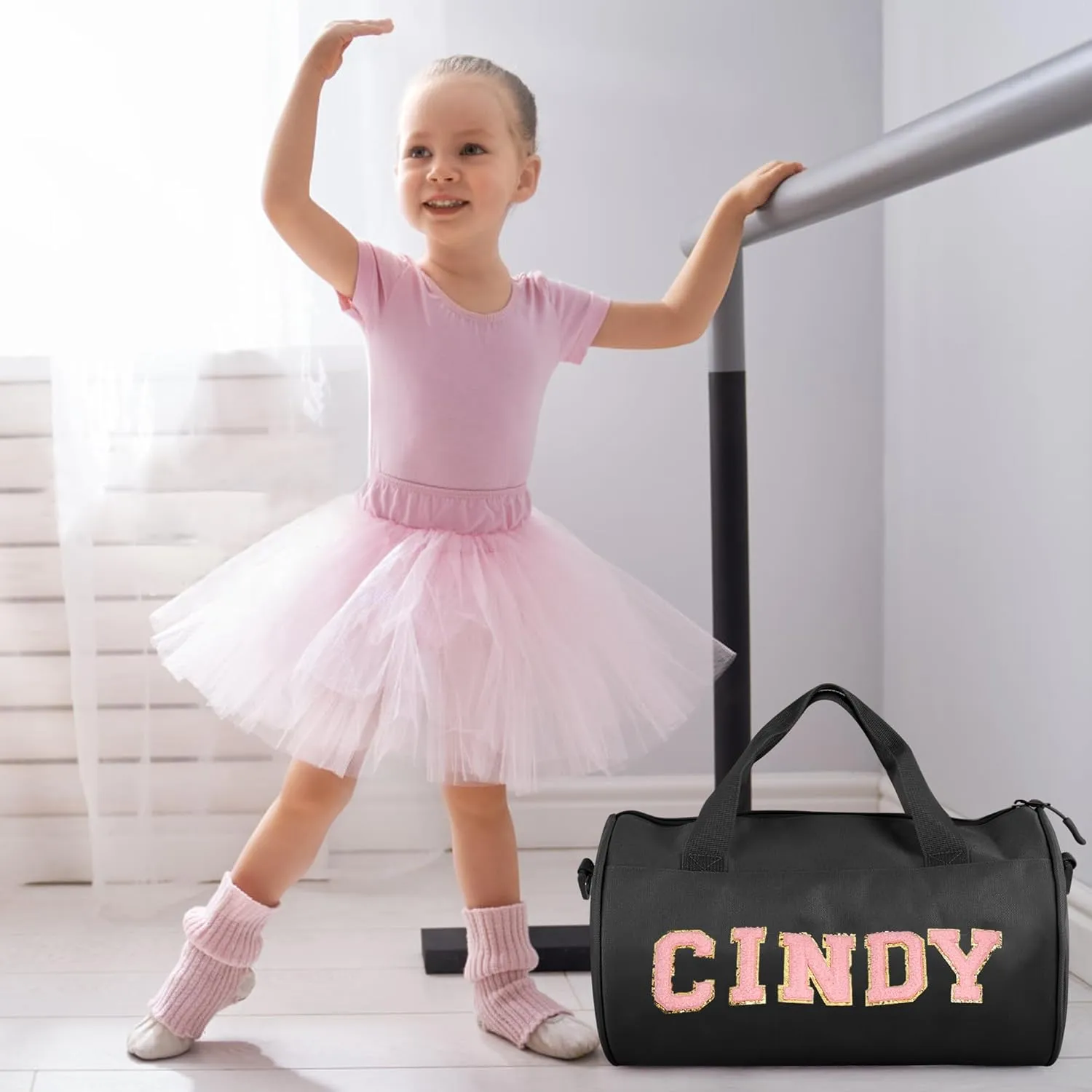 Personalized Dance Ballet Bag Girls, Kids Letter Patch Dance Bag, Sport Gym Bag,Travel Duffel Bag, Large Chenille Letter Weekender Overnight Bag (Black)