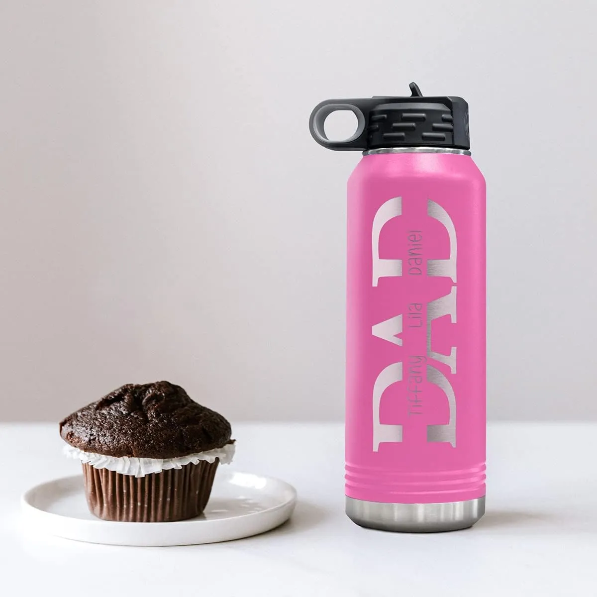 PlaqueMaker 32-oz Stainless Steel Customized Water Bottle For Dad- Includes Kids Names- Great for Father's Day, Christmas, His Birthday, or Just Because - Select from a Variety of Colors (Pink)