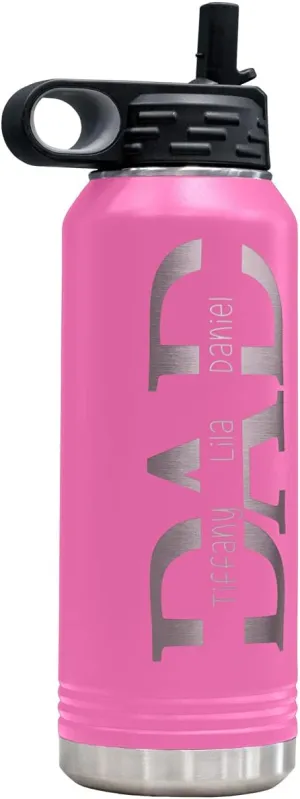 PlaqueMaker 32-oz Stainless Steel Customized Water Bottle For Dad- Includes Kids Names- Great for Father's Day, Christmas, His Birthday, or Just Because - Select from a Variety of Colors (Pink)