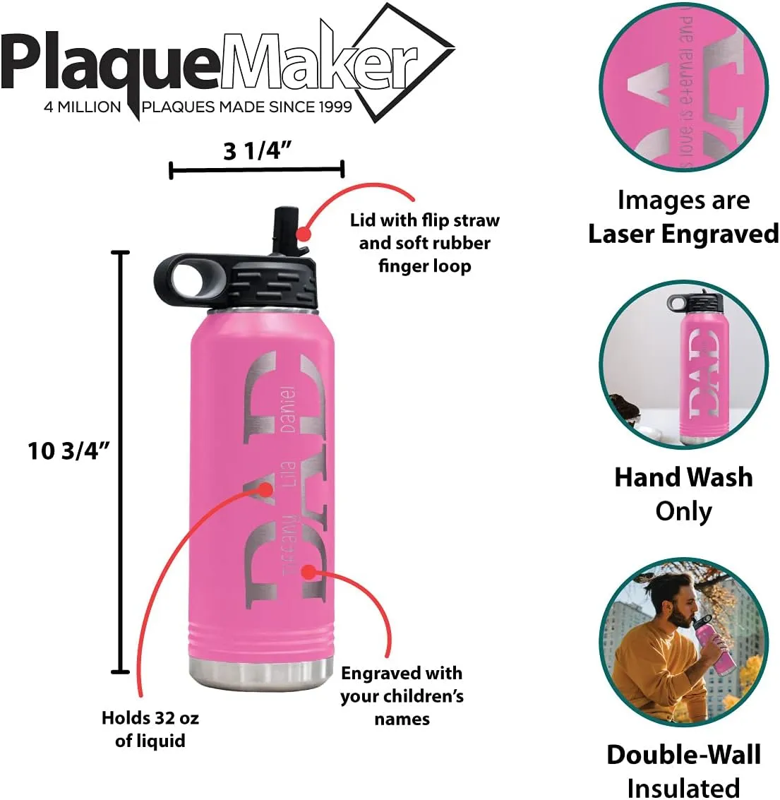 PlaqueMaker 32-oz Stainless Steel Customized Water Bottle For Dad- Includes Kids Names- Great for Father's Day, Christmas, His Birthday, or Just Because - Select from a Variety of Colors (Pink)
