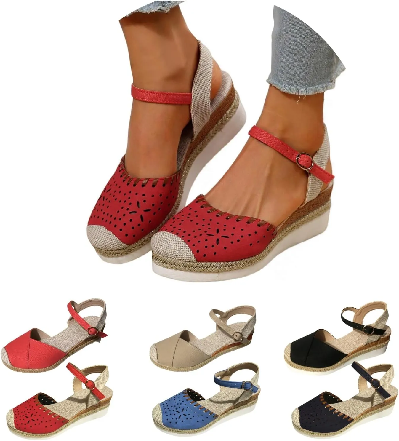 Platform Espadrilles Wedges for Women Closed Toe Casual Low Heel Dressy Sandals with Adjustable Buckle Ankle Strap