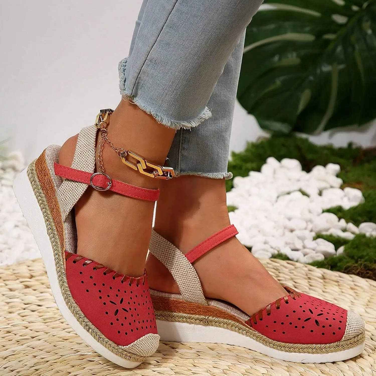 Platform Espadrilles Wedges for Women Closed Toe Casual Low Heel Dressy Sandals with Adjustable Buckle Ankle Strap