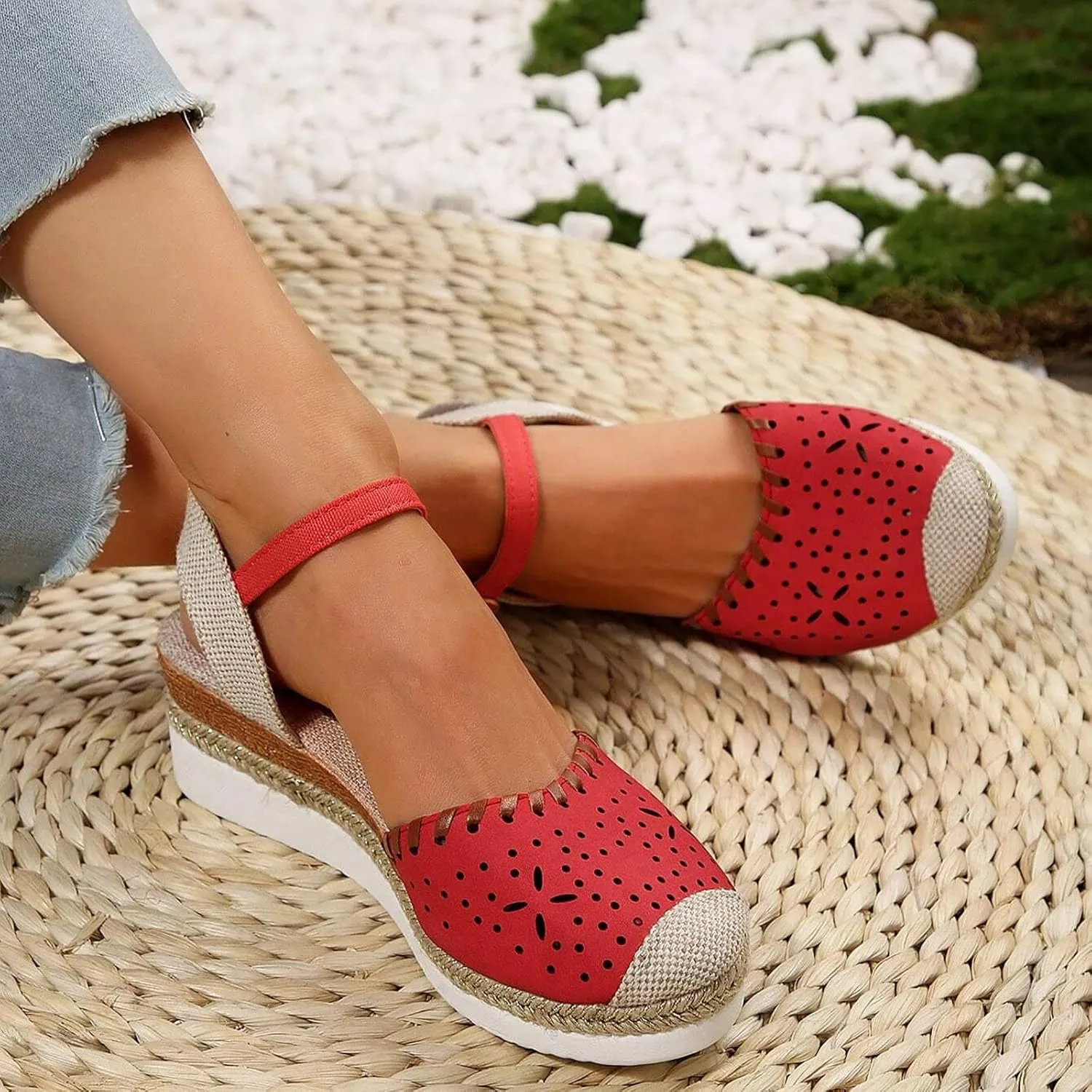 Platform Espadrilles Wedges for Women Closed Toe Casual Low Heel Dressy Sandals with Adjustable Buckle Ankle Strap