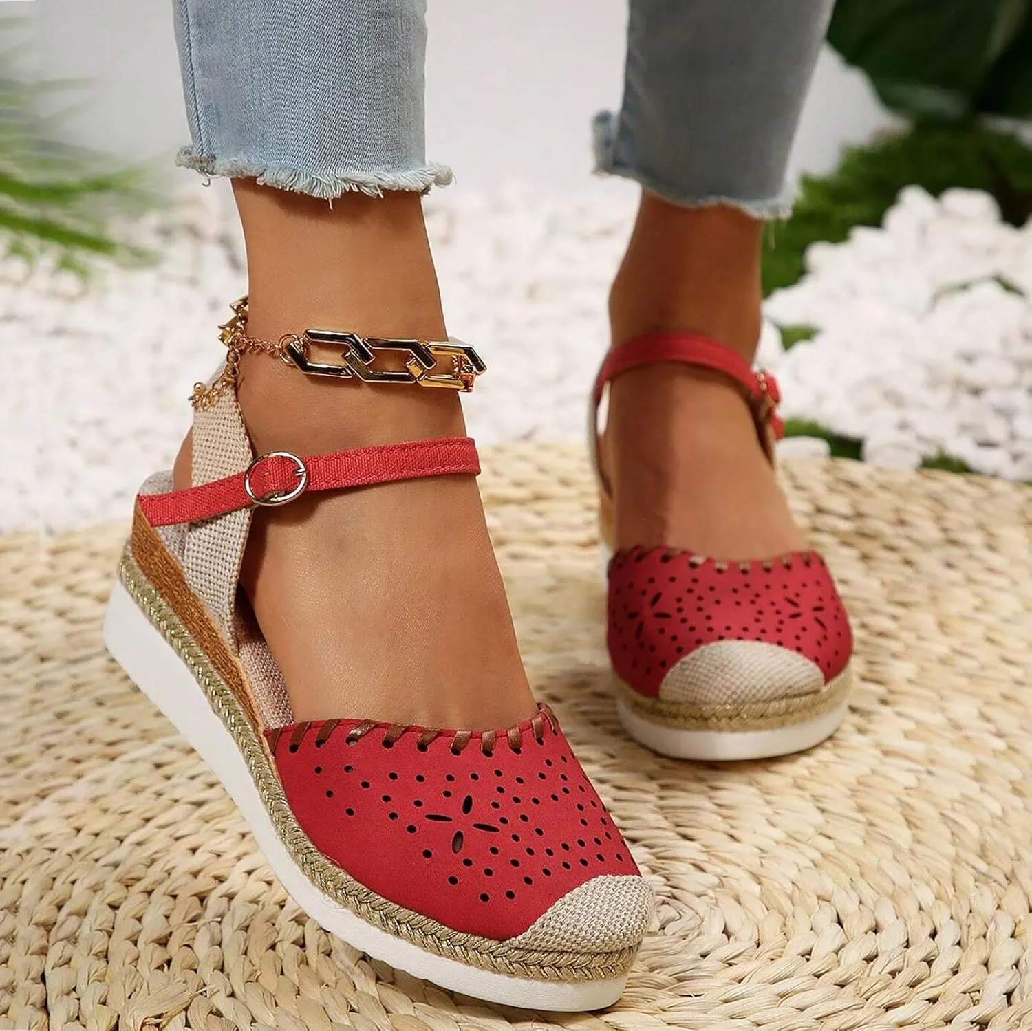 Platform Espadrilles Wedges for Women Closed Toe Casual Low Heel Dressy Sandals with Adjustable Buckle Ankle Strap