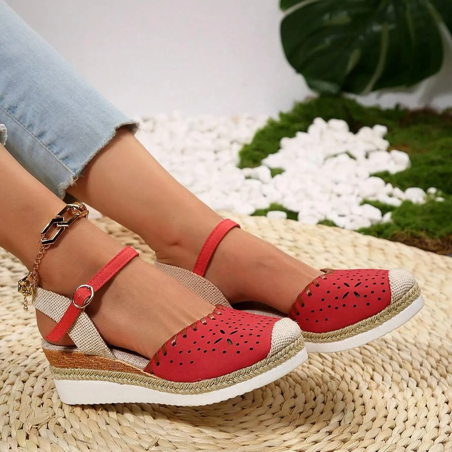 Platform Espadrilles Wedges for Women Closed Toe Casual Low Heel Dressy Sandals with Adjustable Buckle Ankle Strap