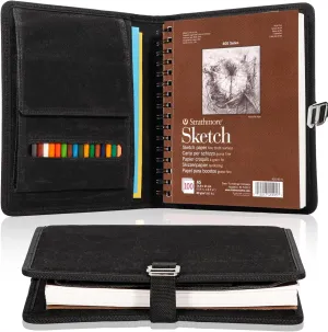 Plinyvel Travel Sketchbook Cover 5.5"x8.5" with Pencil Holder - Waxed Canvas Art Storage Case & Artist Padfolio Organizer Kit (Black)