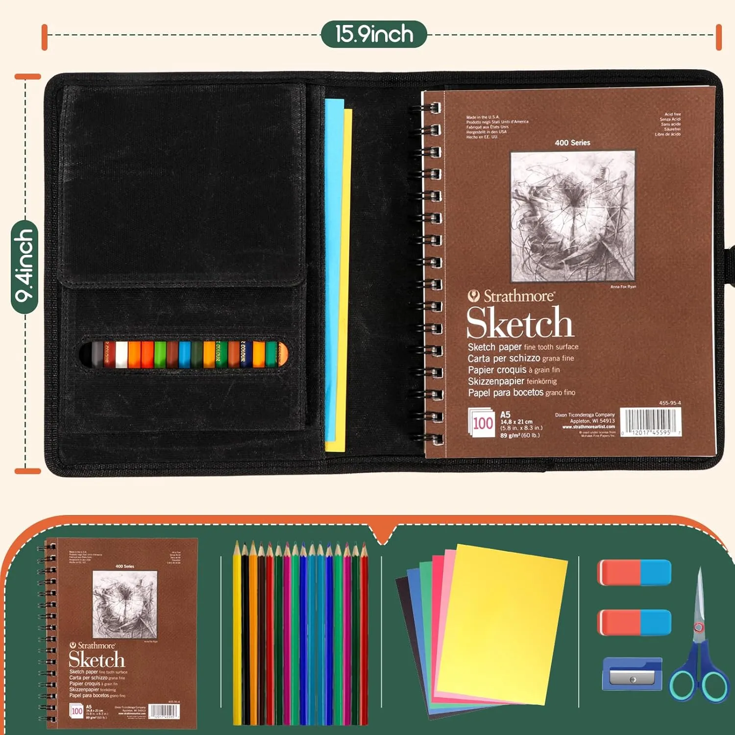 Plinyvel Travel Sketchbook Cover 5.5"x8.5" with Pencil Holder - Waxed Canvas Art Storage Case & Artist Padfolio Organizer Kit (Black)
